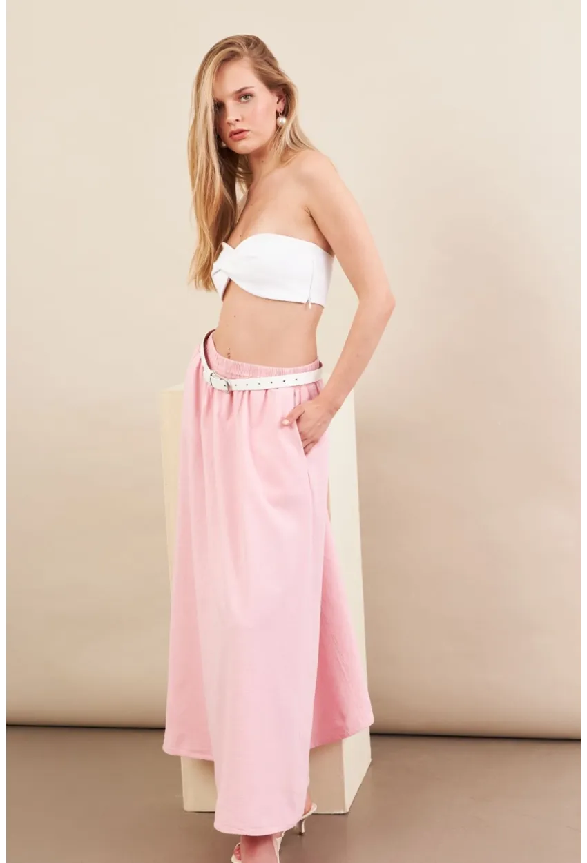 Kadın Pembe Keten Cepli Midi Etek RSP4440