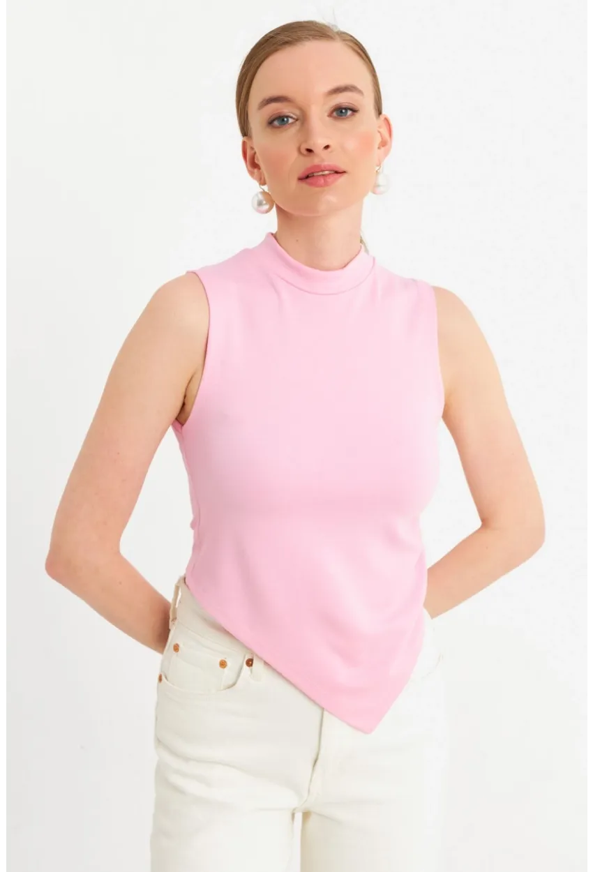 Kadın Pembe Kolsuz Crop Bluz ZH07