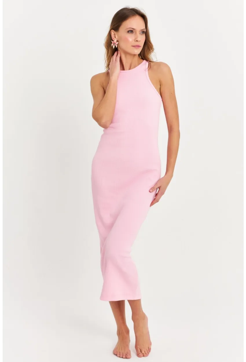 Kadın Pembe Kolsuz Kaşkorse Midi Elbise EY3049