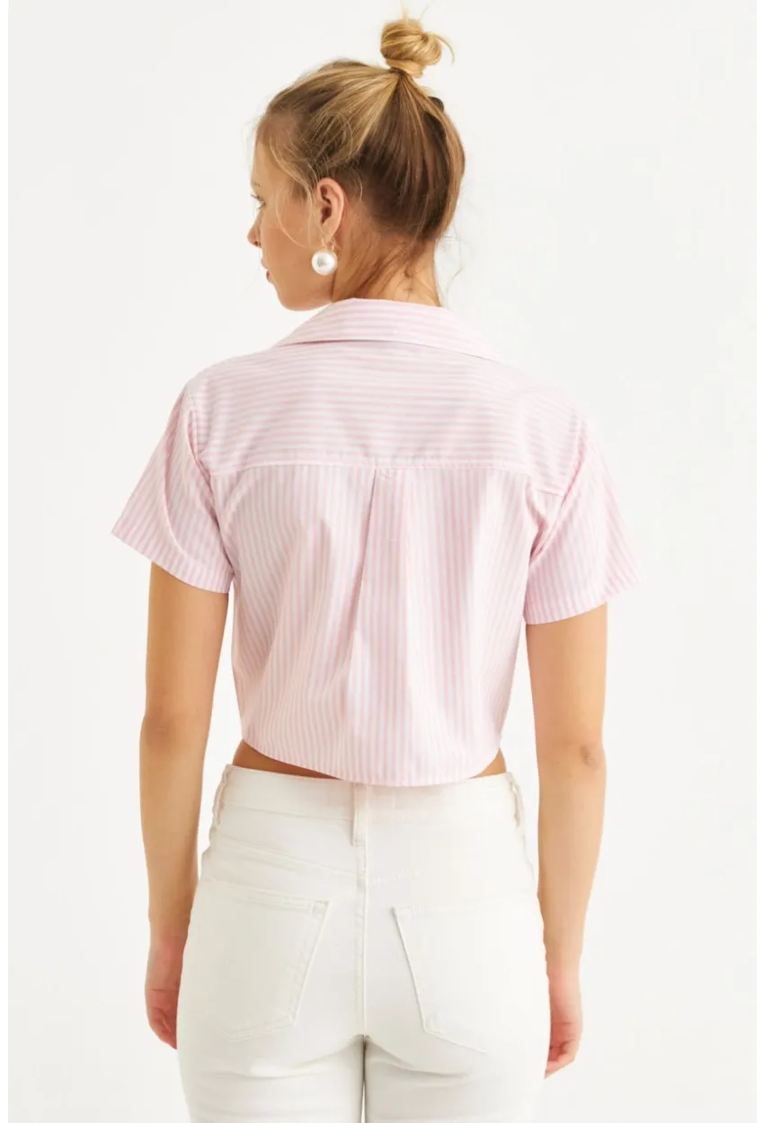 Kadın Pembe Kurdele Detaylı Crop Gömlek MPC302