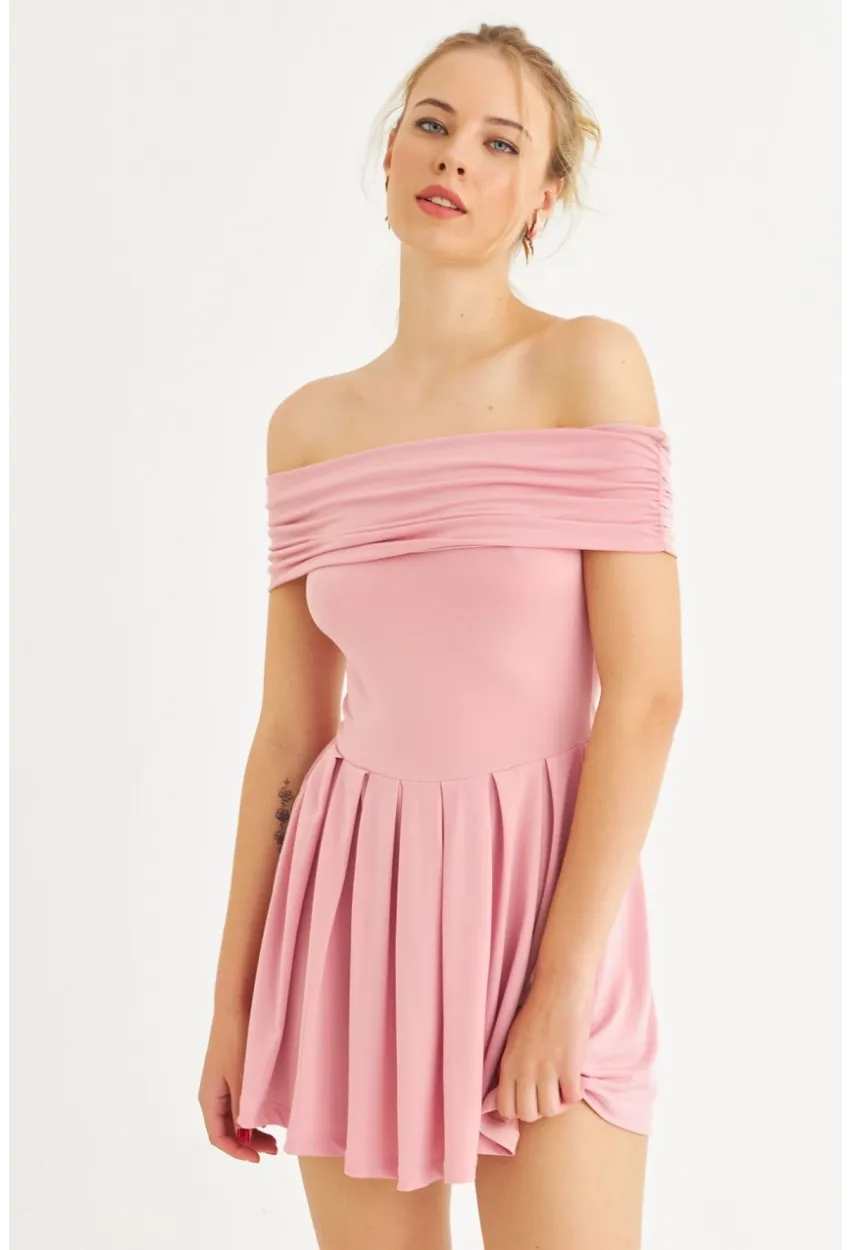 Kadın Pembe Madonna Yaka Midi Elbise MON1262-1