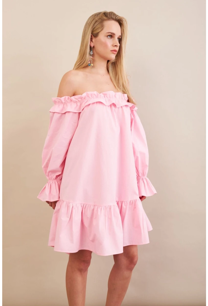 Kadın Pembe Madonna Yaka Midi Elbise PSG1012