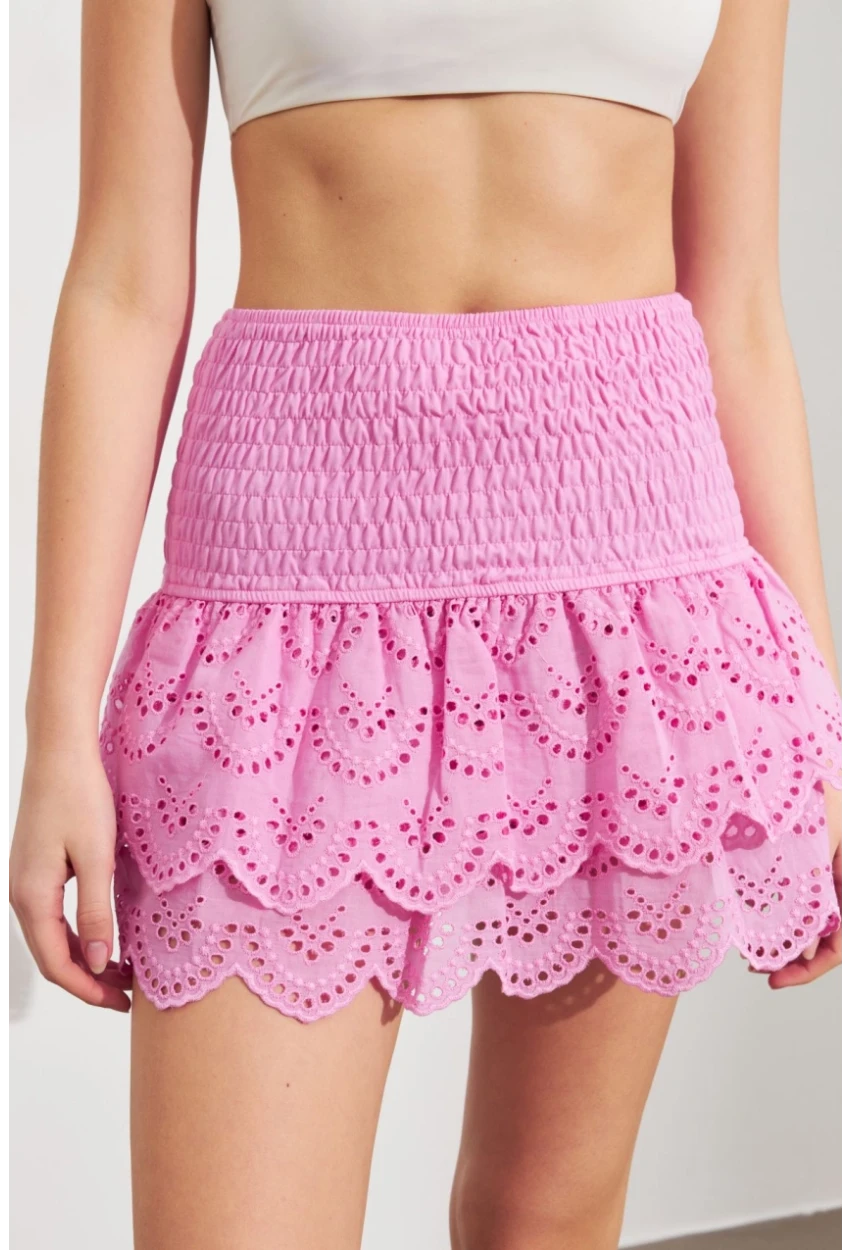 Kadın Pembe Nakışlı Mini Etek ZH111