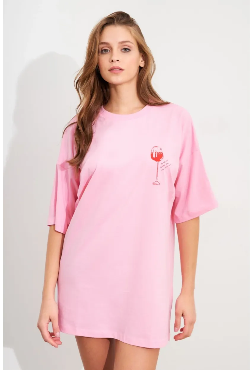 Kadın Pembe Oversize Pijama T-Shirt TPG14