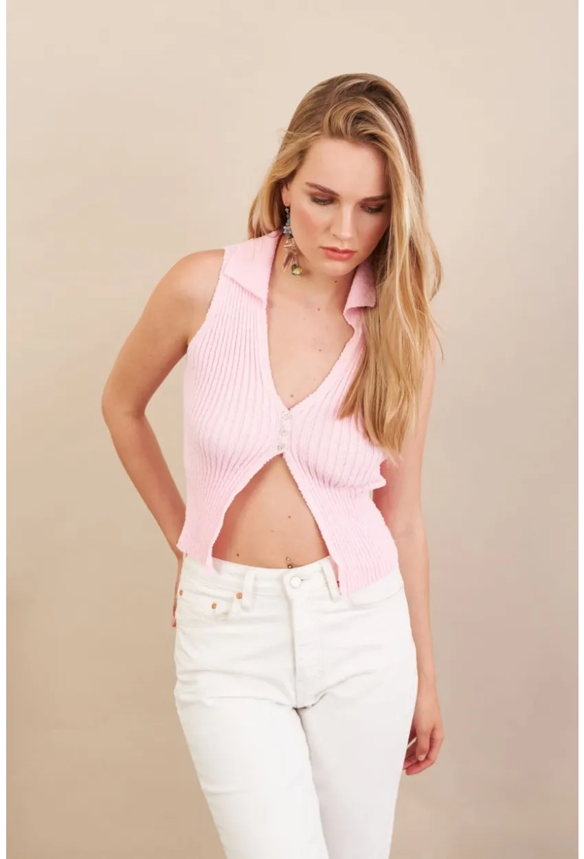 Kadın Pembe Polo Yaka Yumoş Yelek ZH050