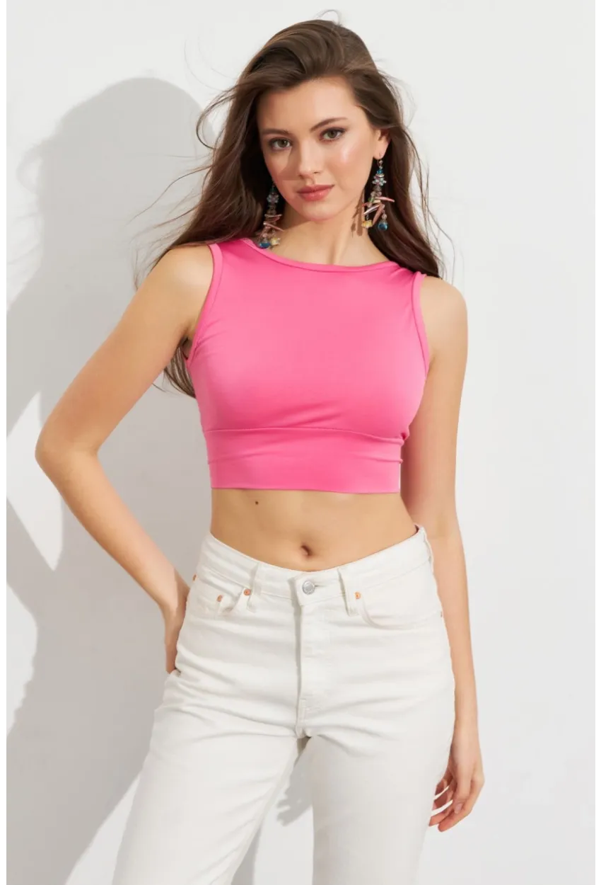 Kadın Pembe Sırt Bağlamalı Crop Bluz EY2733