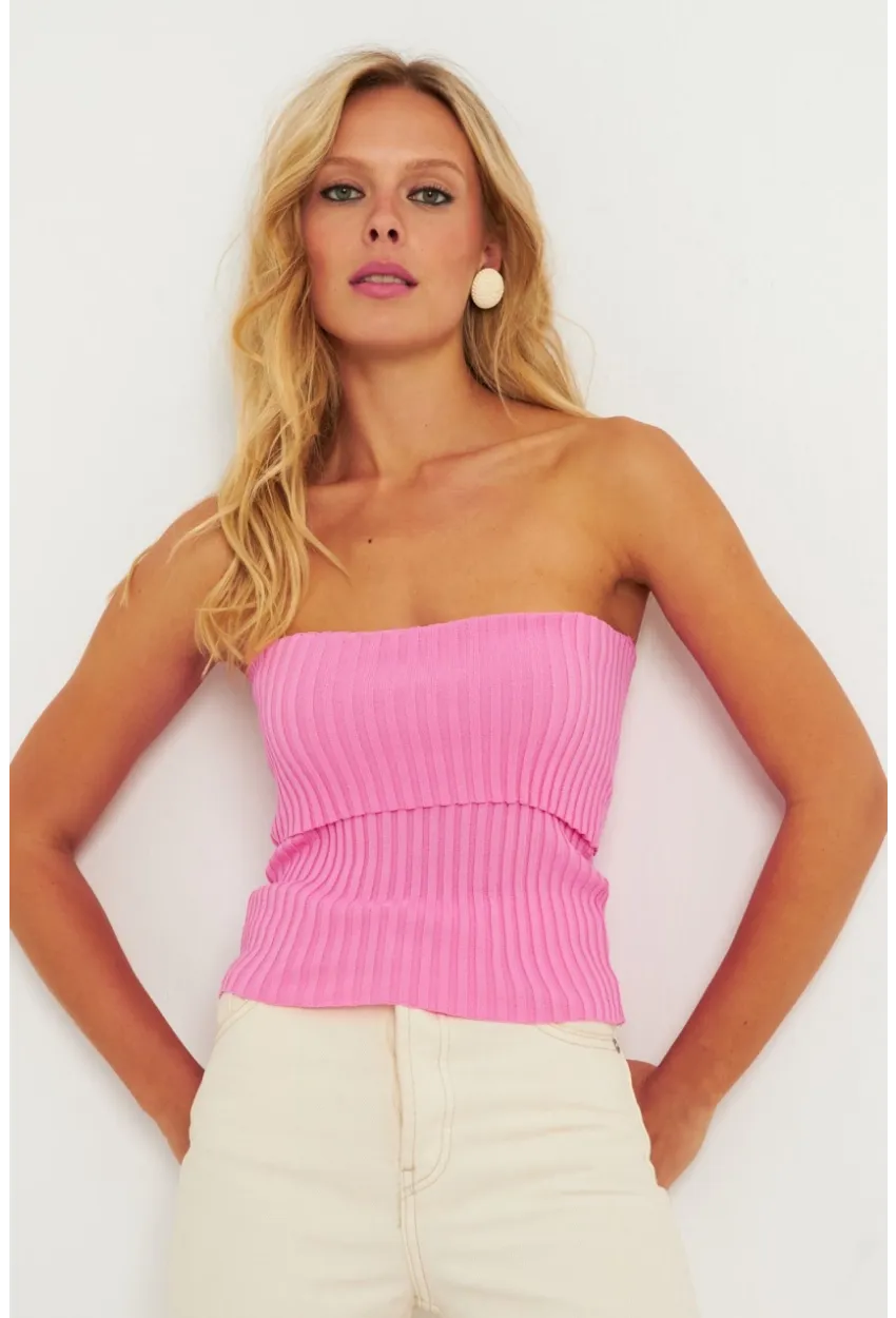 Kadın Pembe Straplez Triko Bluz YV240