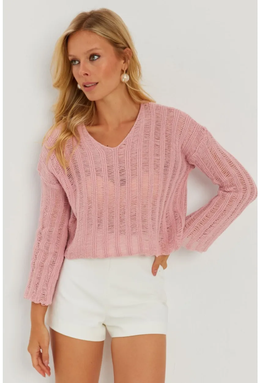 Kadın Pembe V Yaka Ajurlu Triko Bluz YV233