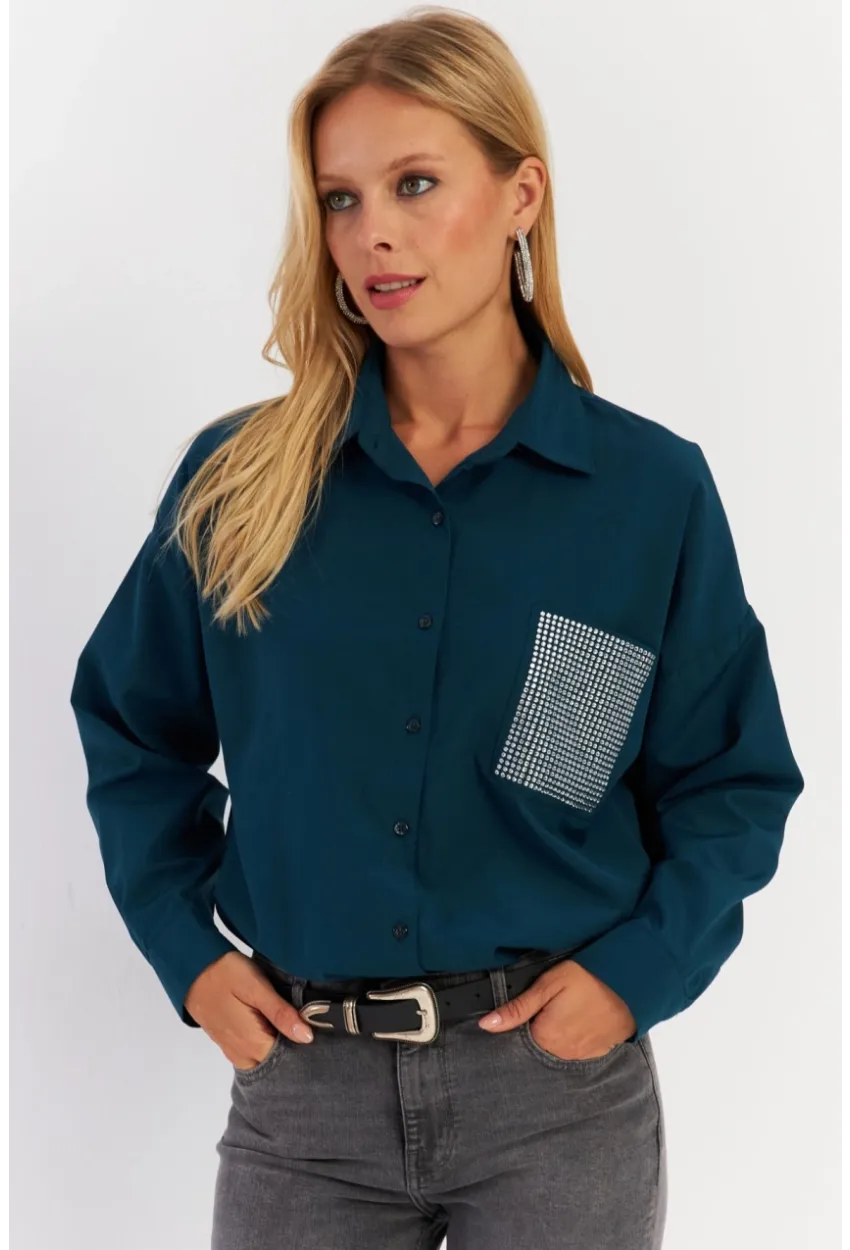 Kadın Petrol Cepli Taşlı Gömlek MZER414