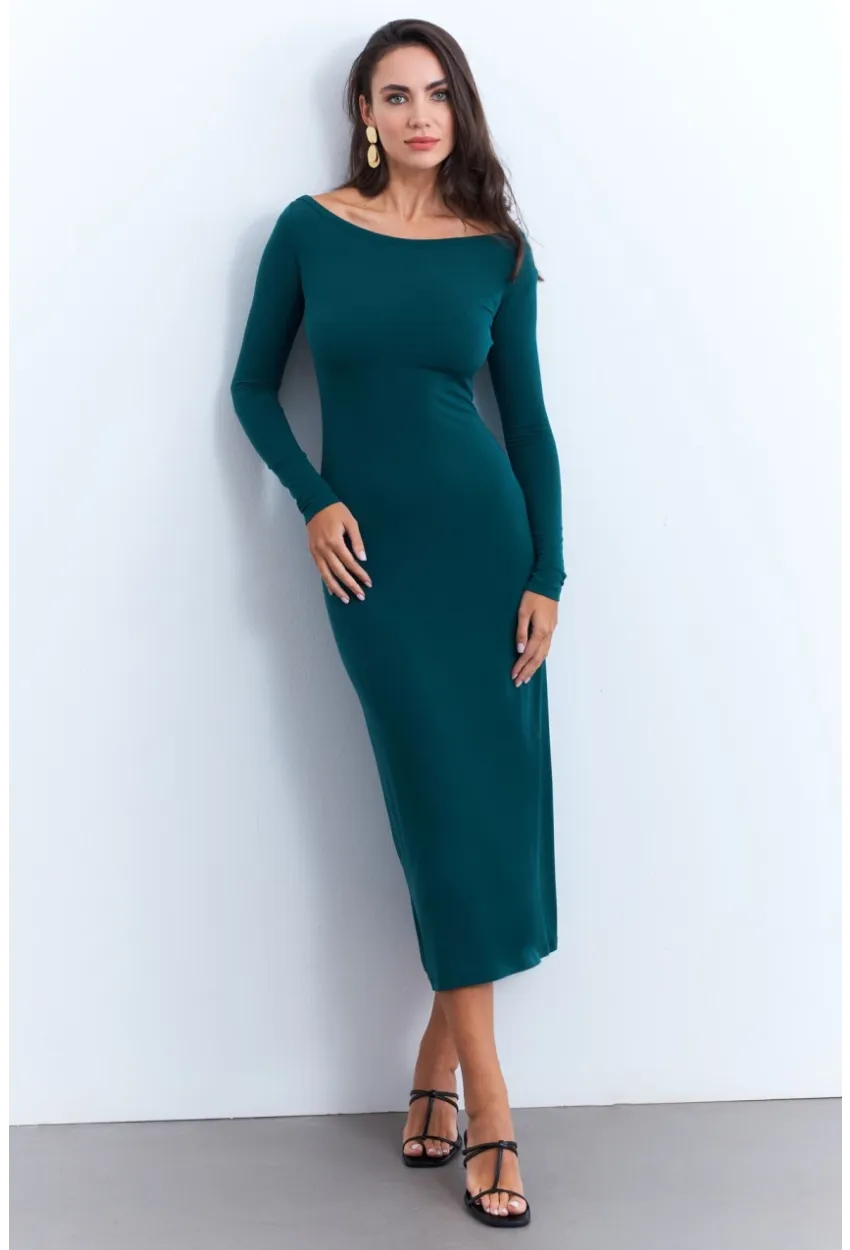 Kadın Petrol Kayık Yaka Maxi Yılbaşı Elbise HOR03