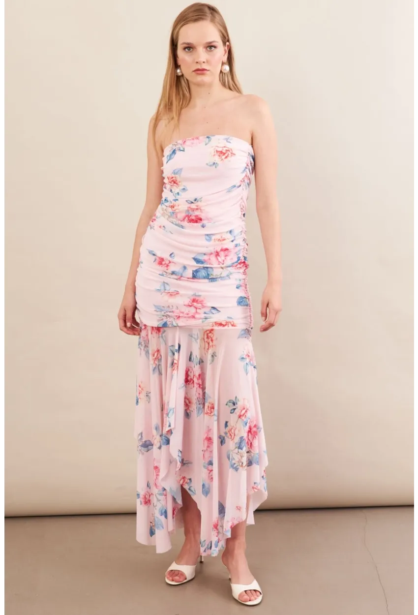 Kadın Pudra Drapeli Straplez Midi Tül Elbise ERL101