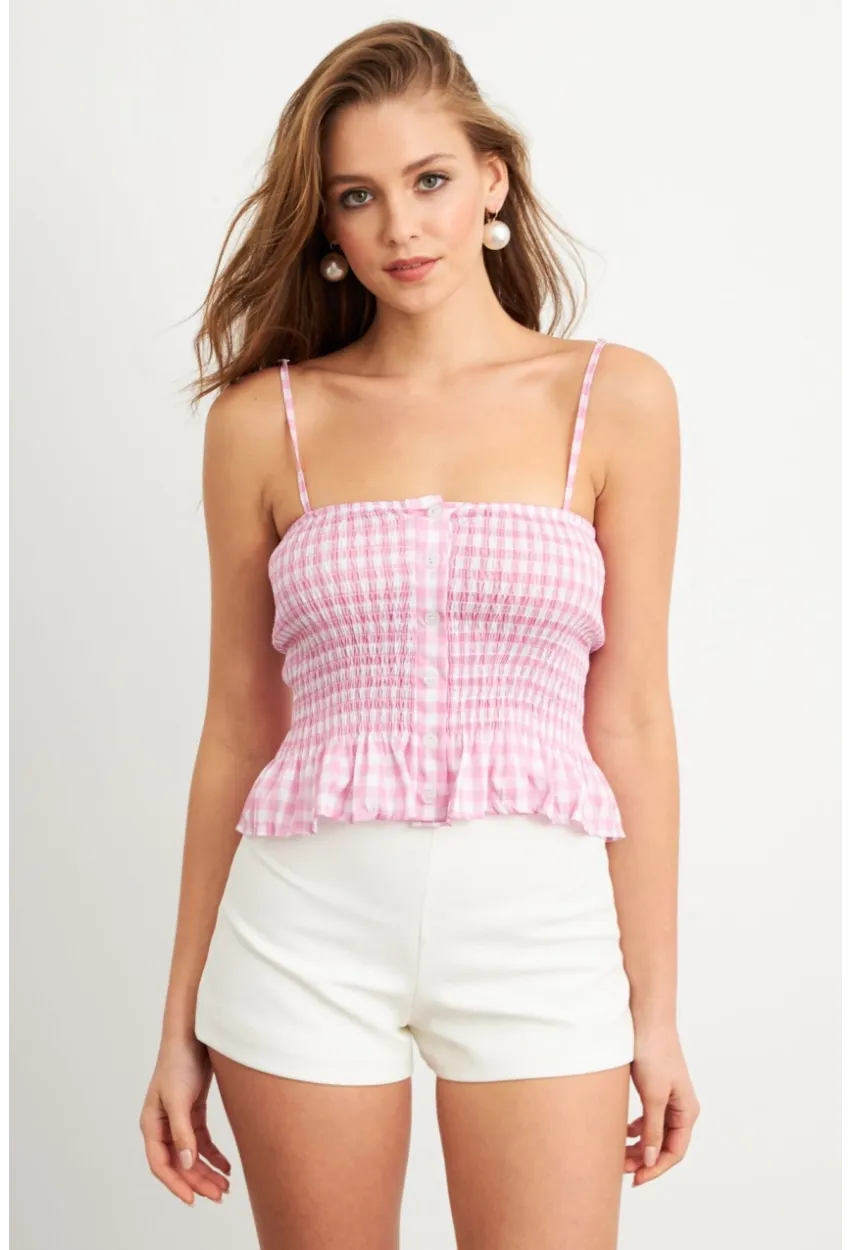 Kadın Pudra Ekose Lastikli Crop Bluz MTK13397