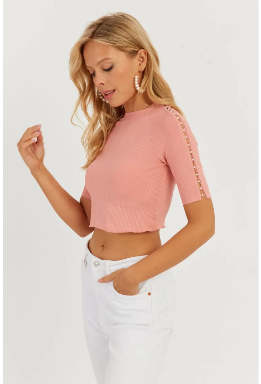 Kadın Pudra Kolları İncili Crop Bluz AYD298