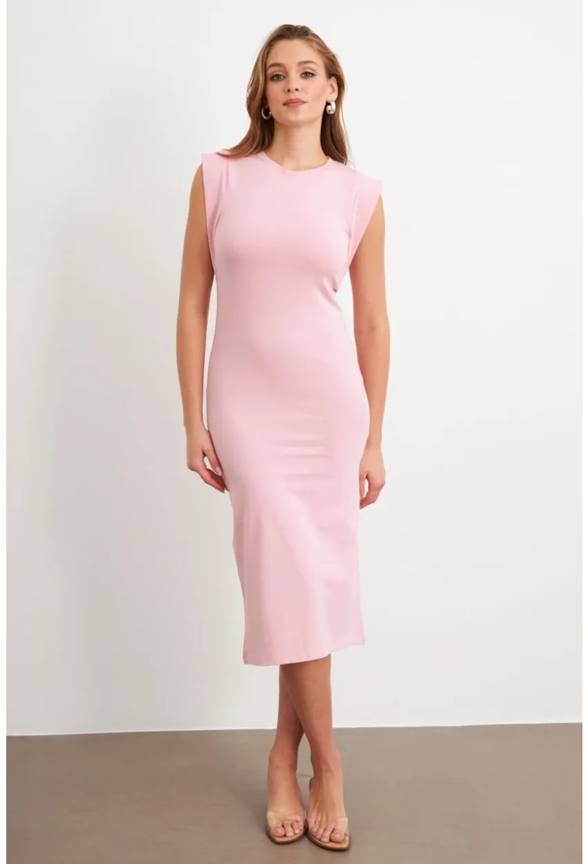 Kadın Pudra Kolsuz Basic Midi Elbise FLU7109