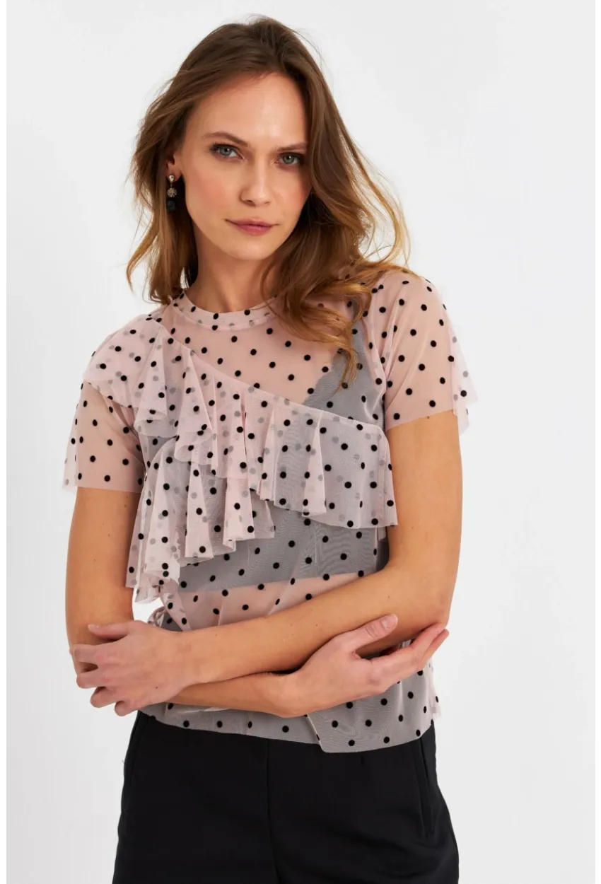 Kadın Pudra-Siyah Puantiyeli Tül Bluz ZH029