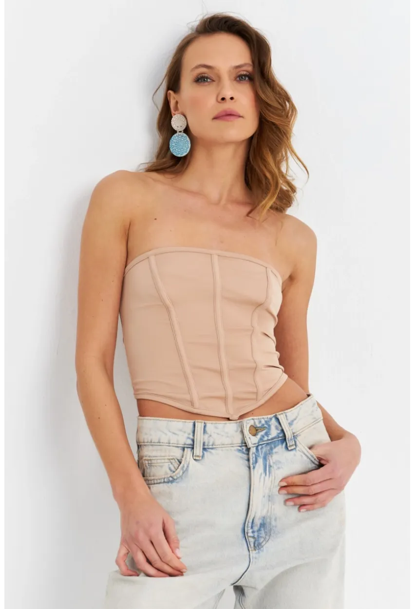 Kadın Pudra Straplez Crop Bluz B6081