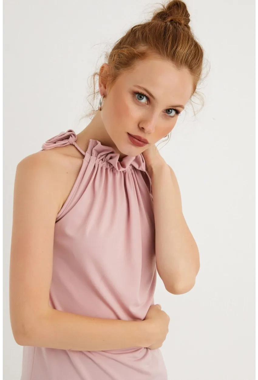 Kadın Pudra Yakası Fırfırlı Kolsuz Bluz BTH01