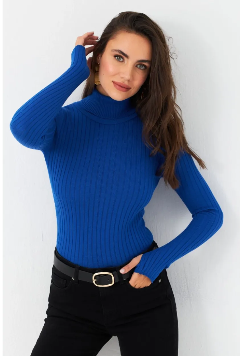 Kadın Saks Balıkçı Yaka Triko Bluz YV102-90