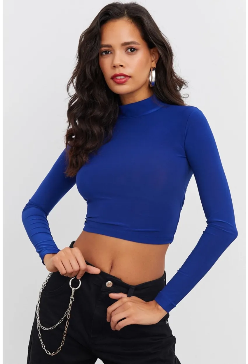 Kadın Saks Beli Açık Crop Bluz GÇ115