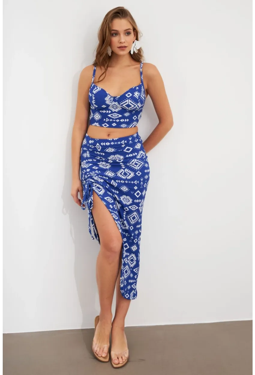 Kadın Saks Büzülebilir Etekli Takım LİT1048