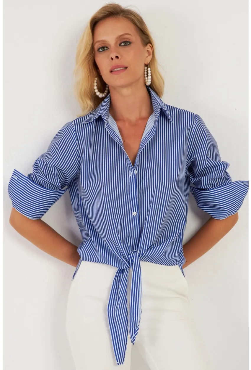 Kadın Saks Çizgili Gömlek ZER408