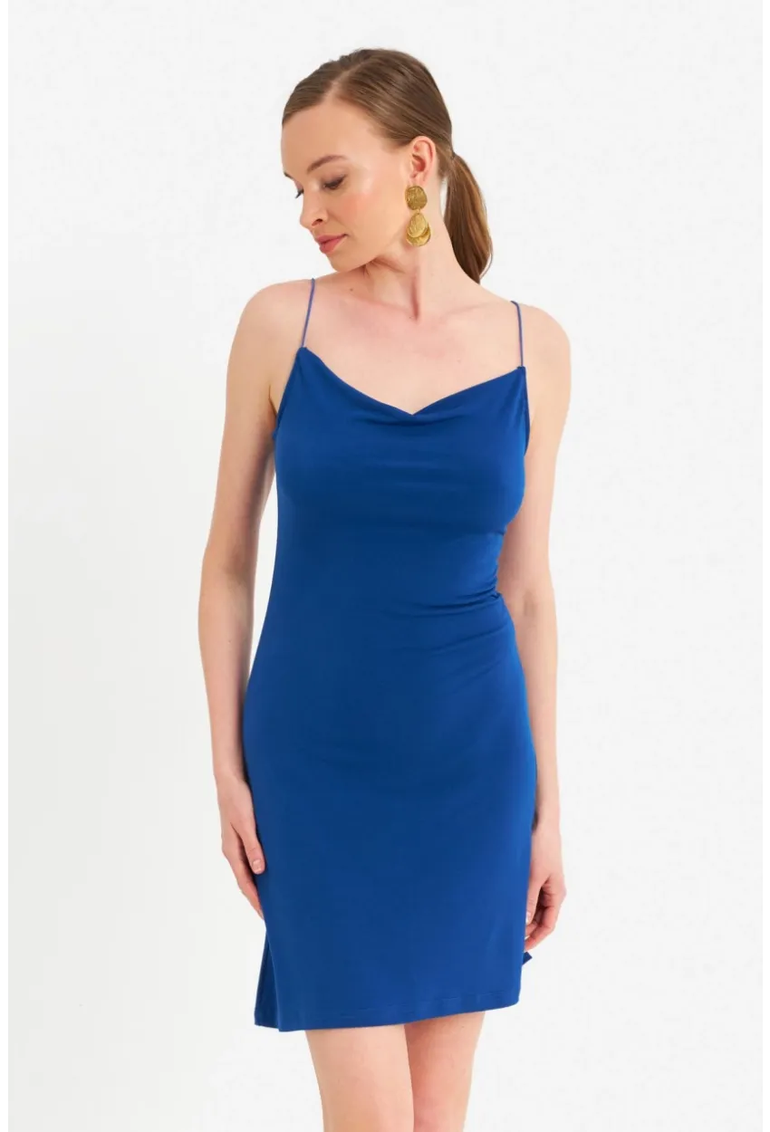 Kadın Saks Degaje Basic Mini Elbise YDF100