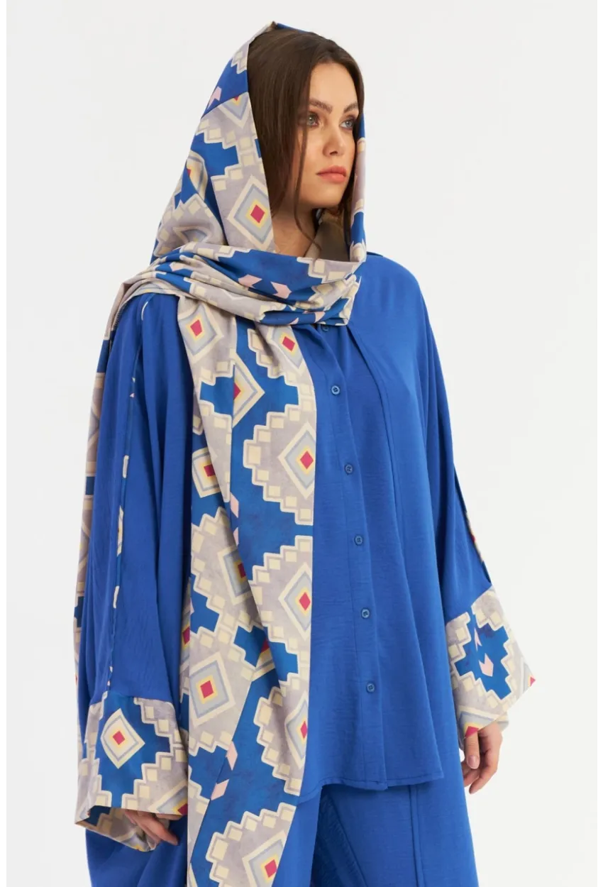 Kadın Saks Desenli Kapüşonlu Kaftan GÇ193