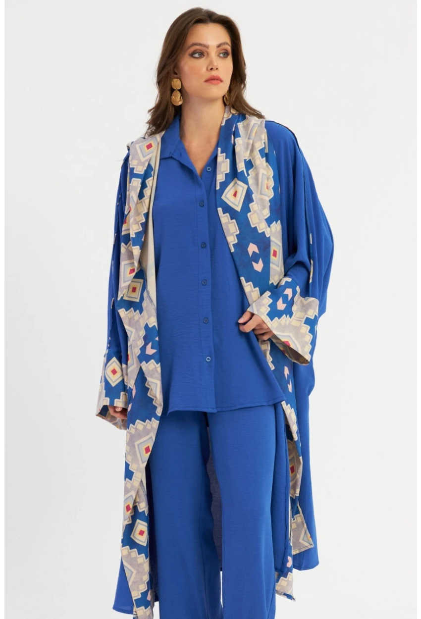 Kadın Saks Desenli Kapüşonlu Kaftan GÇ193