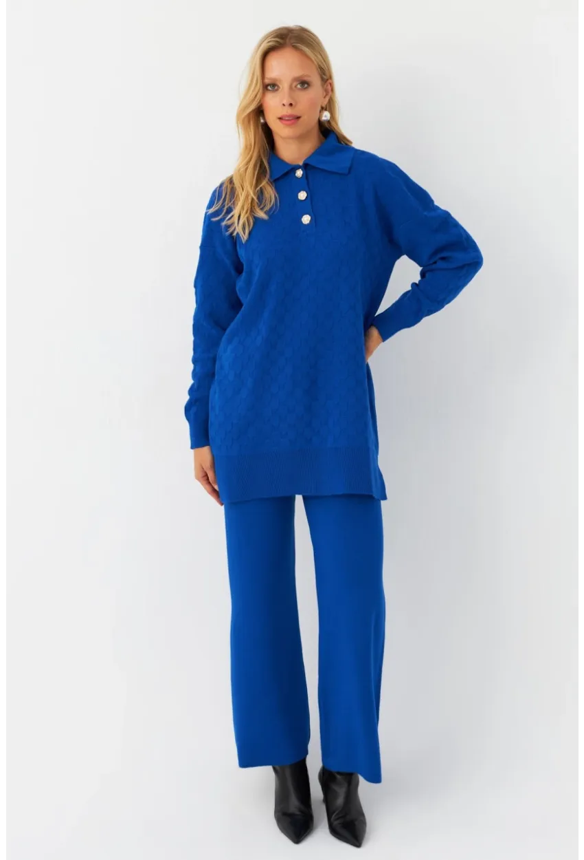 Kadın Saks İnci Düğmeli Triko Alt Üst Takım MNUV33