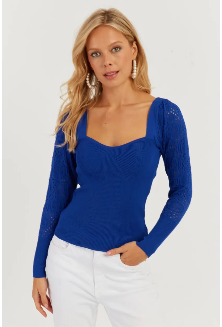 Kadın Saks Kalp Yaka Ajurlu Triko Bluz SMT217