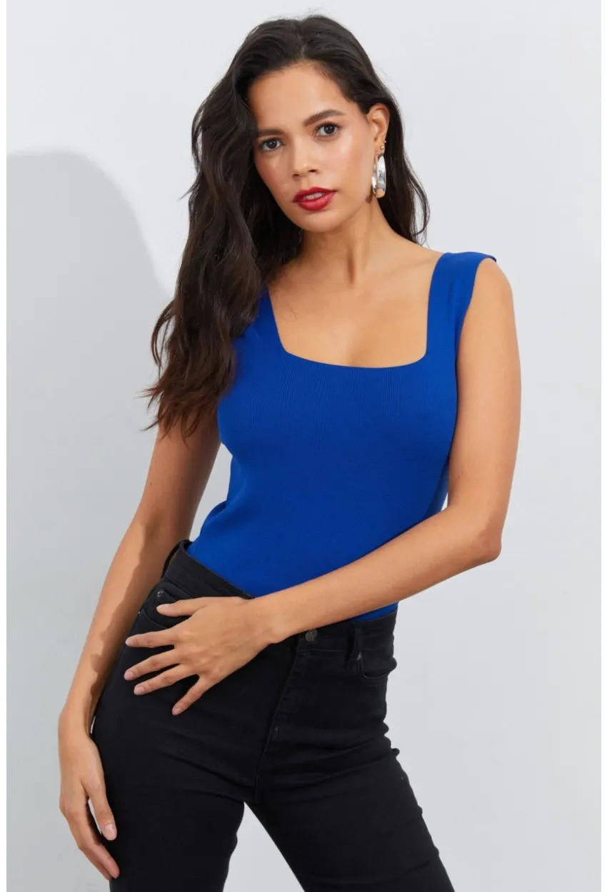 Kadın Saks Kare Yaka Triko Bluz YV87