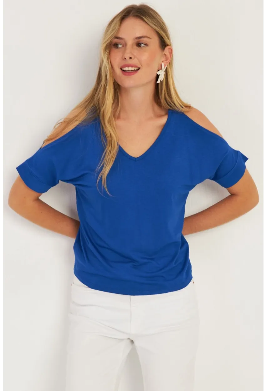 Kadın Saks Omuzları Açık Bluz BR1329