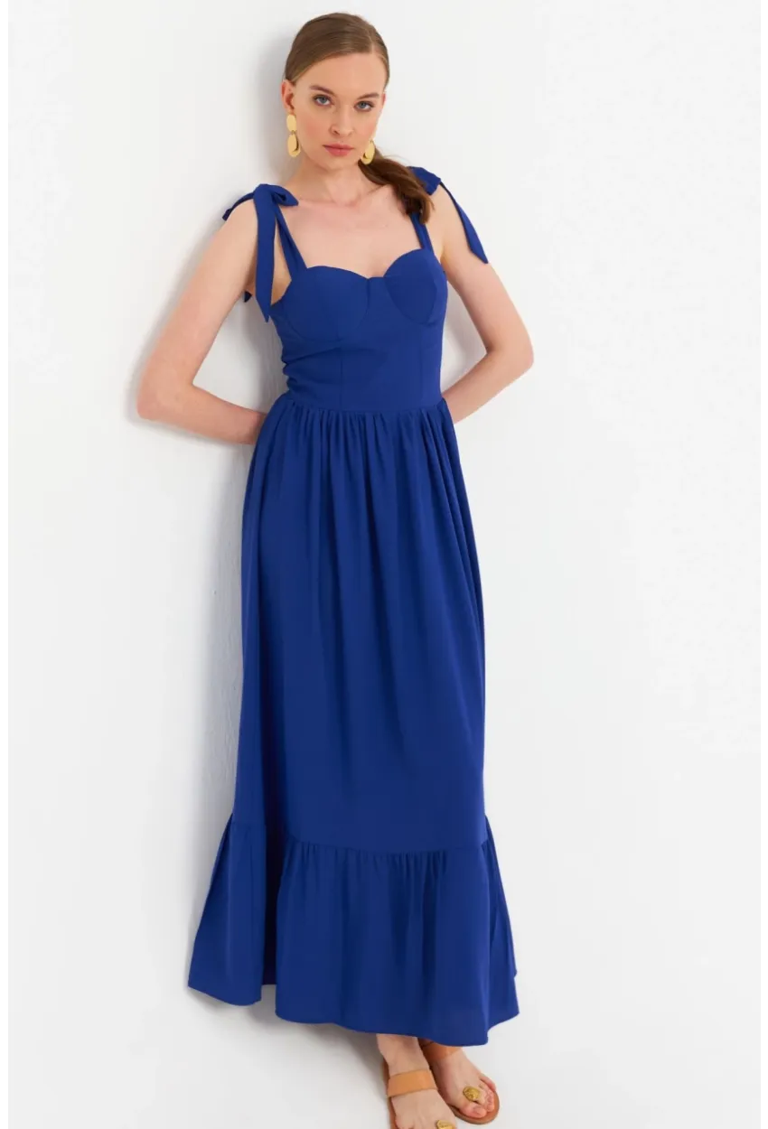 Kadın Saks Pileli Maxi Elbise ERL100