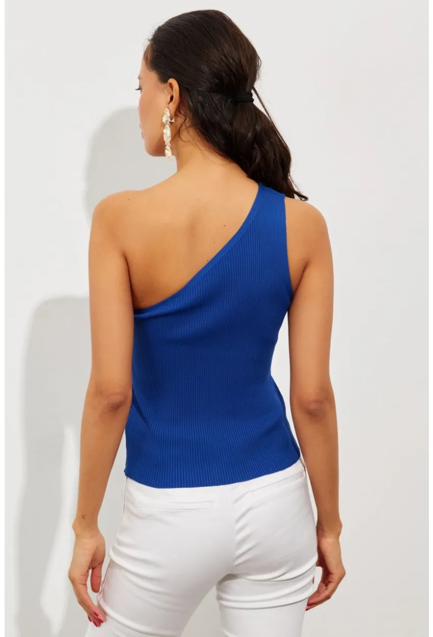 Kadın Saks Tek Omuz Triko Bluz YV90