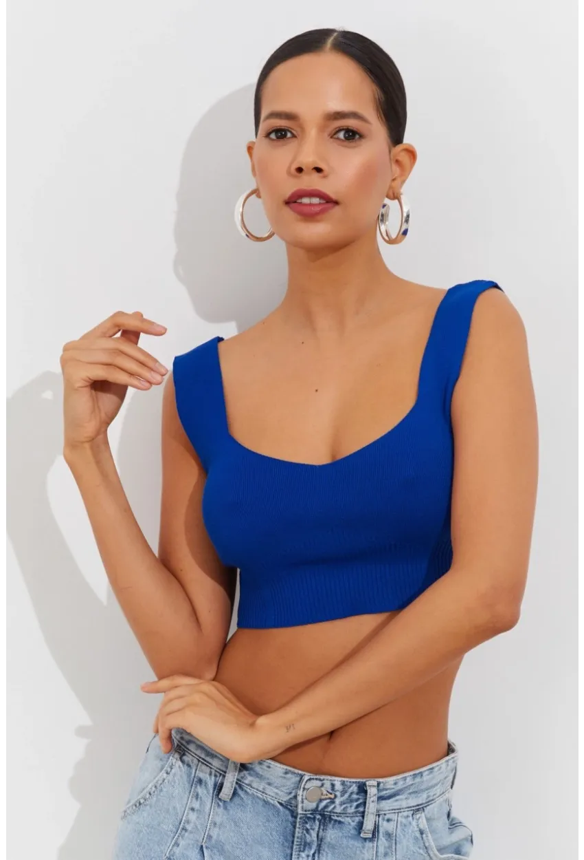 Kadın Saks Triko Crop Atlet YV118