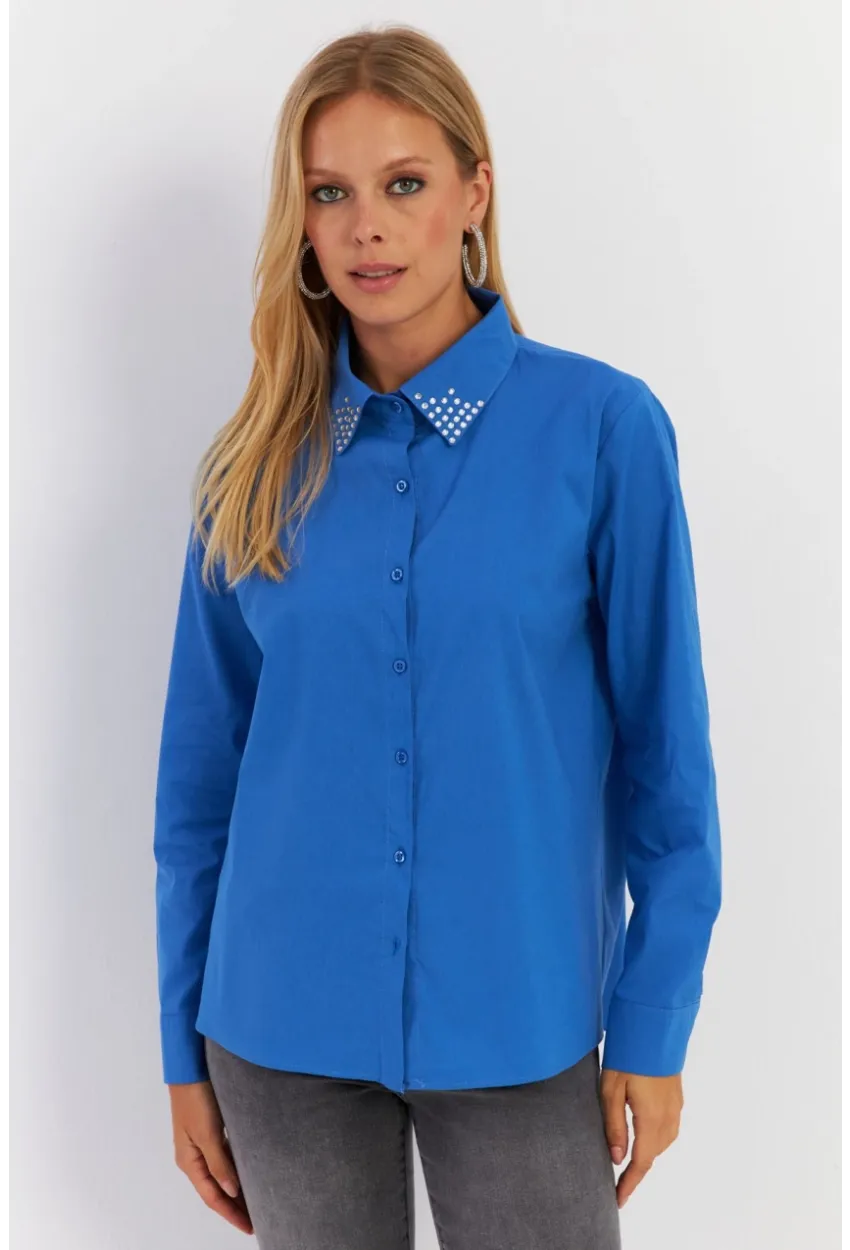 Kadın Saks Yakası Taşlı Gömlek MZER413