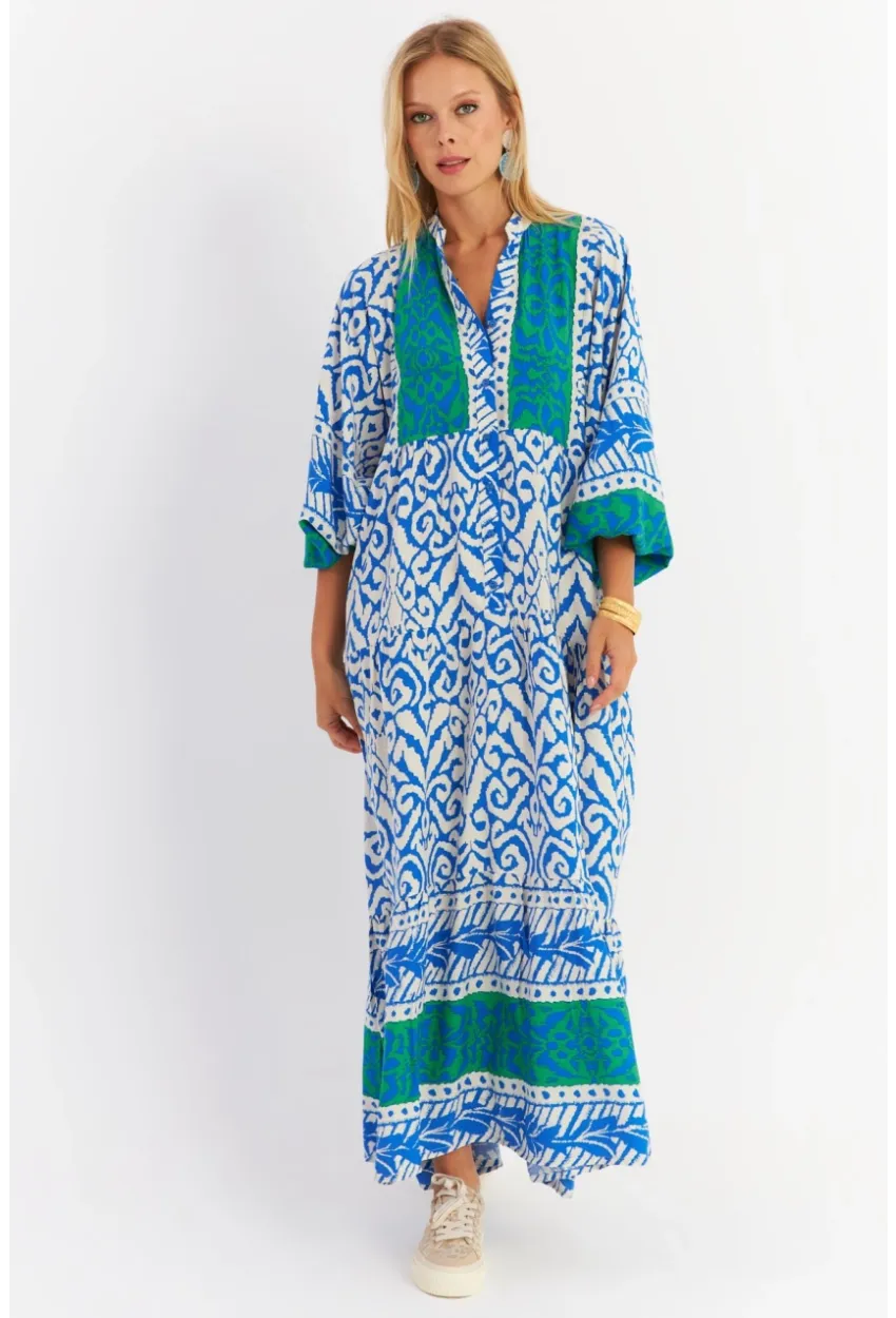 Kadın Saks-Yeşil Volanlı Maxi Elbise MALO11