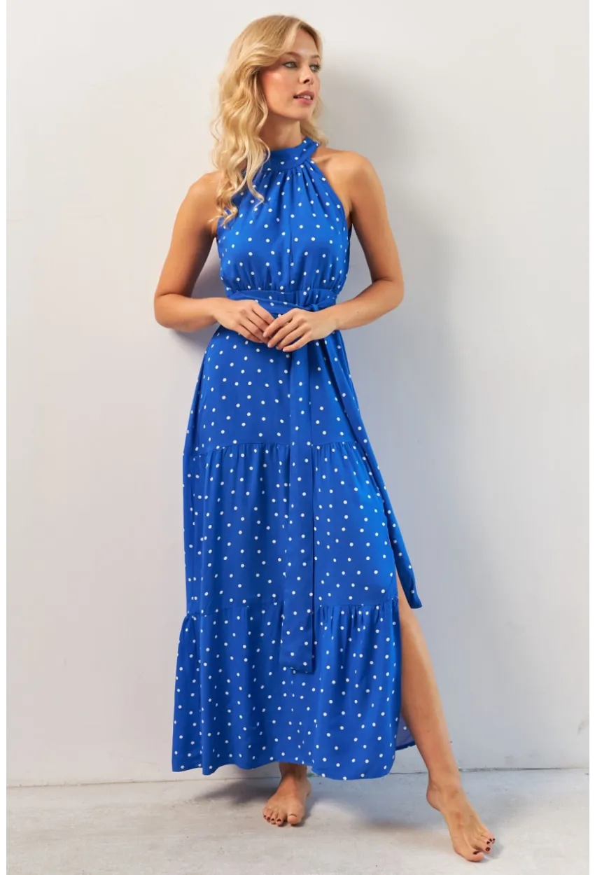 Kadın Saks Yırtmaçlı Puantiyeli Midi Elbise KED4233