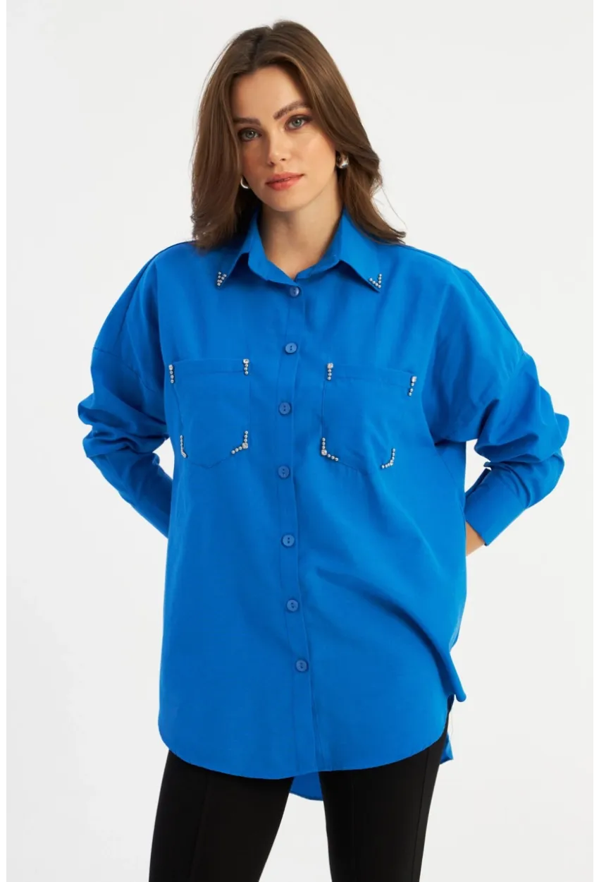 Kadın Saks Zımbalı Gömlek MASF2