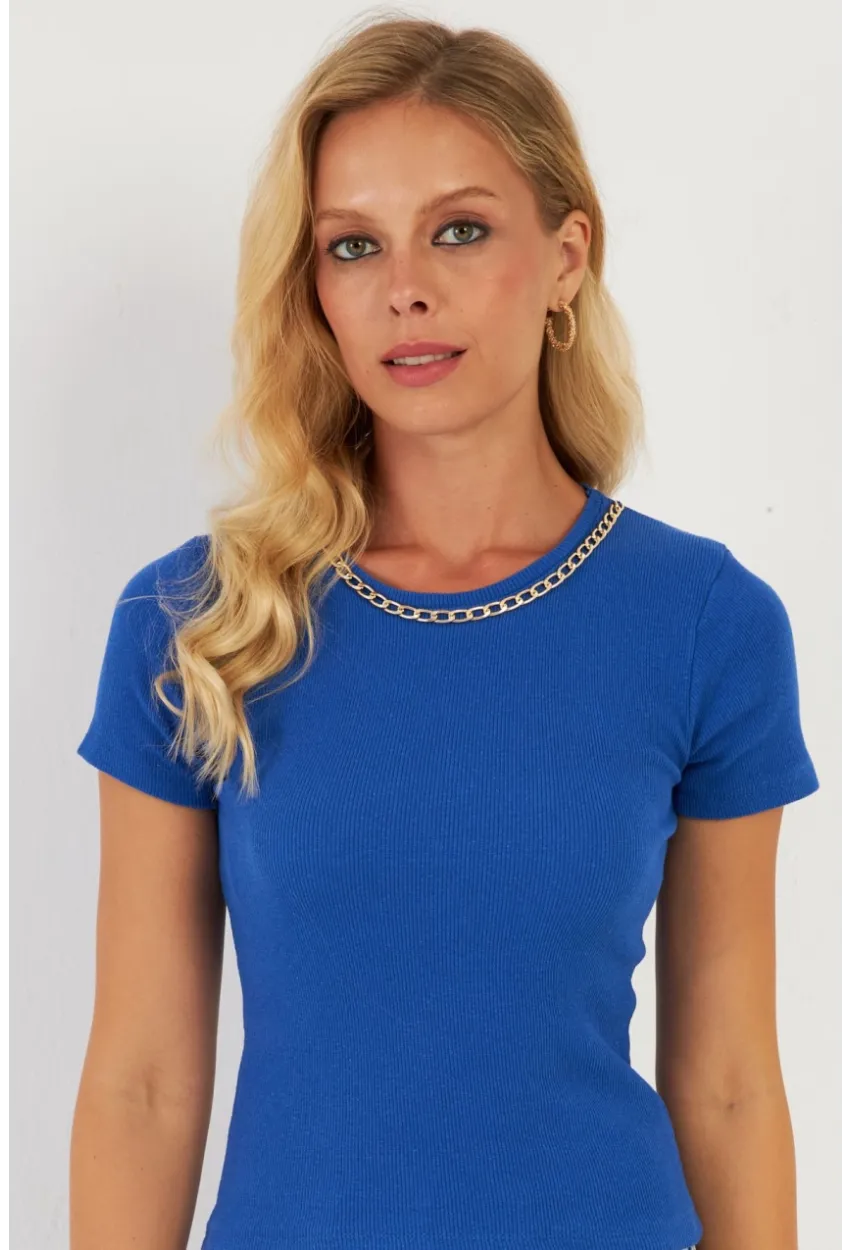 Kadın Saks Zincir Aksesuarlı Bluz XL2020