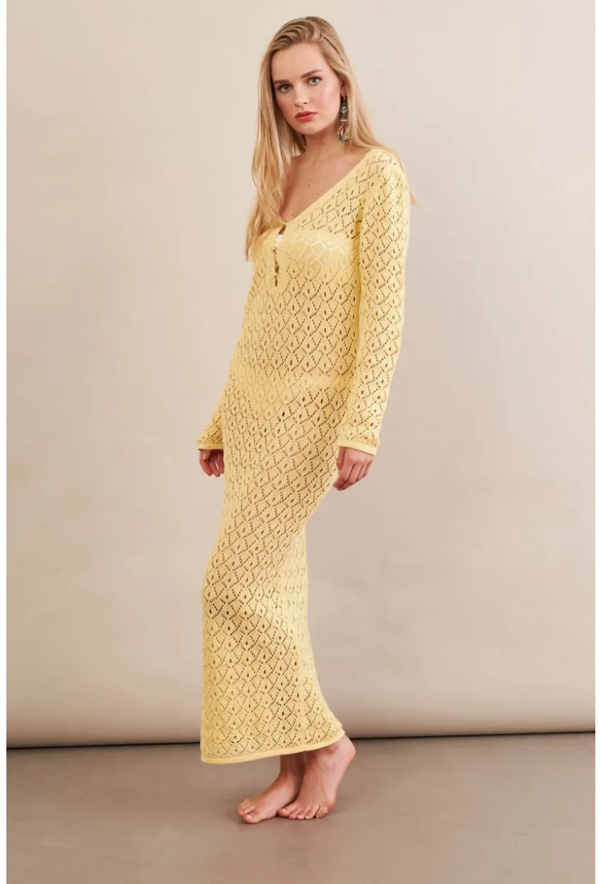 Kadın Sarı Aksesuarlı Triko Plaj Elbisesi KZ3237-90