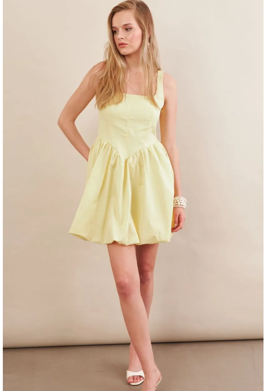 Kadın Sarı Askılı Mini Balon Elbise ERL105