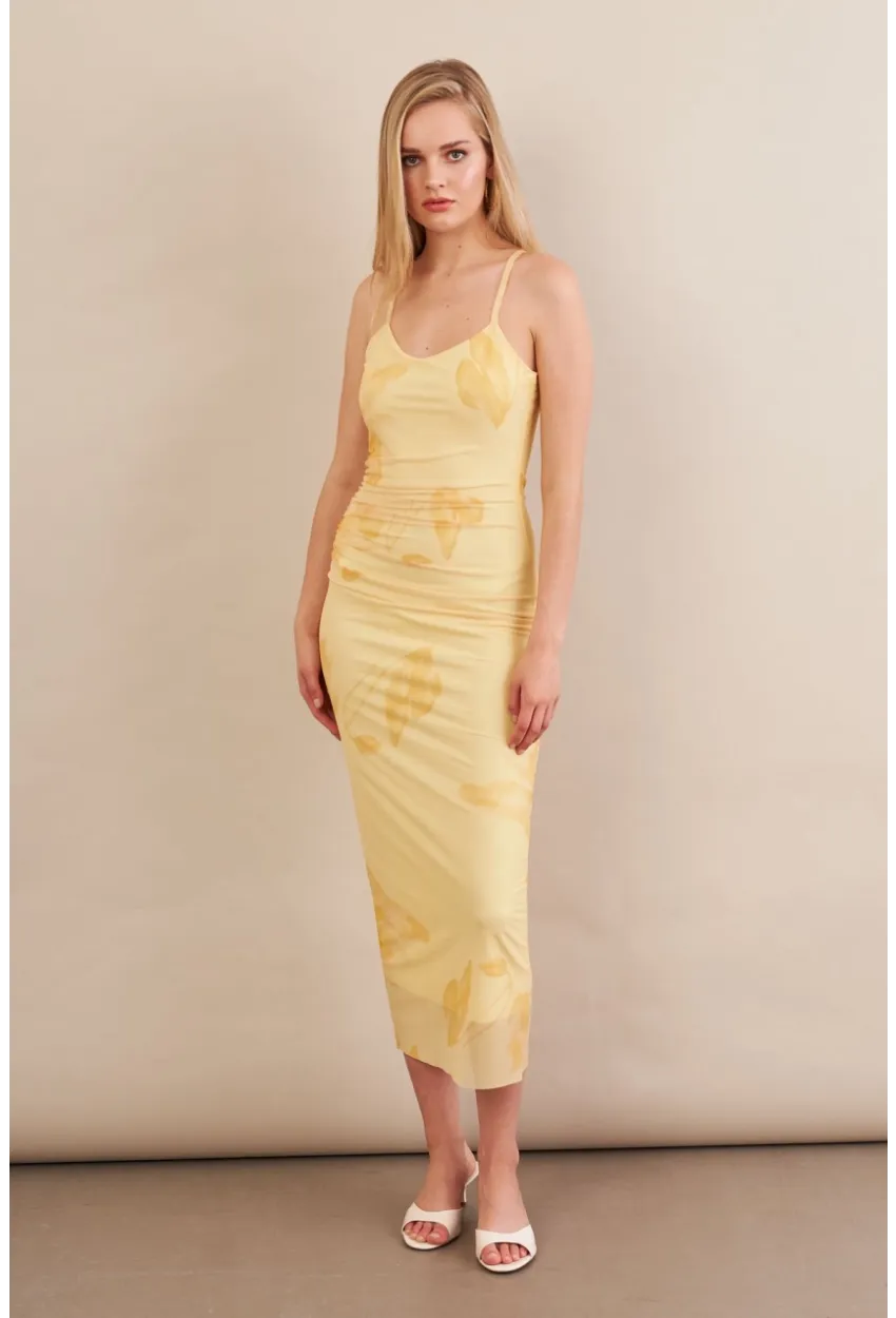 Kadın Sarı Astarlı Midi Tül Elbise MRS130