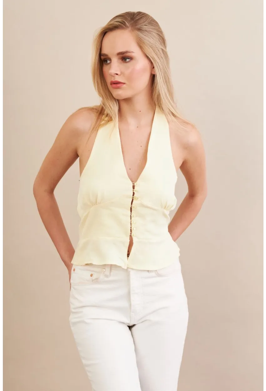 Kadın Sarı Boyun Bağlamalı Keten Yelek FS129