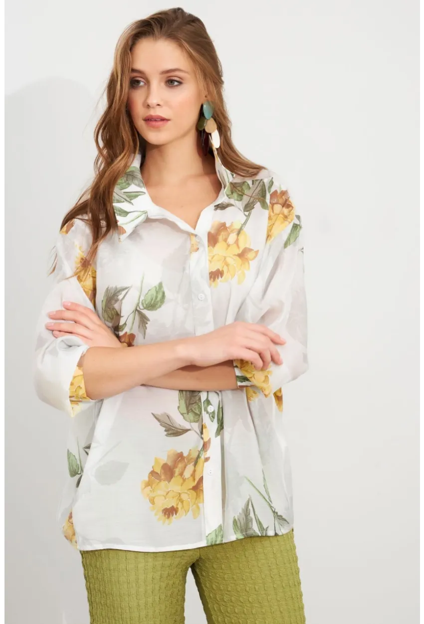 Kadın Sarı Çiçek Desenli İnce Keten Gömlek MCAR1068