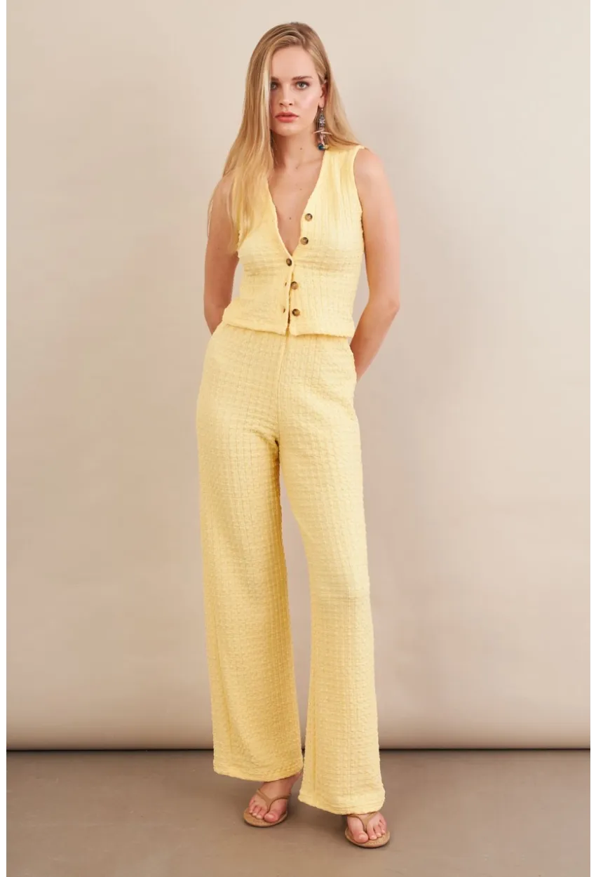 Kadın Sarı Gofre Yelek Pantalon Takım FLU330