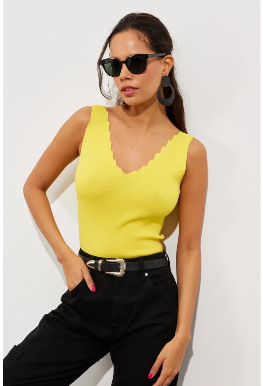 Kadın Sarı Merdiven Yaka Triko Bluz YV83