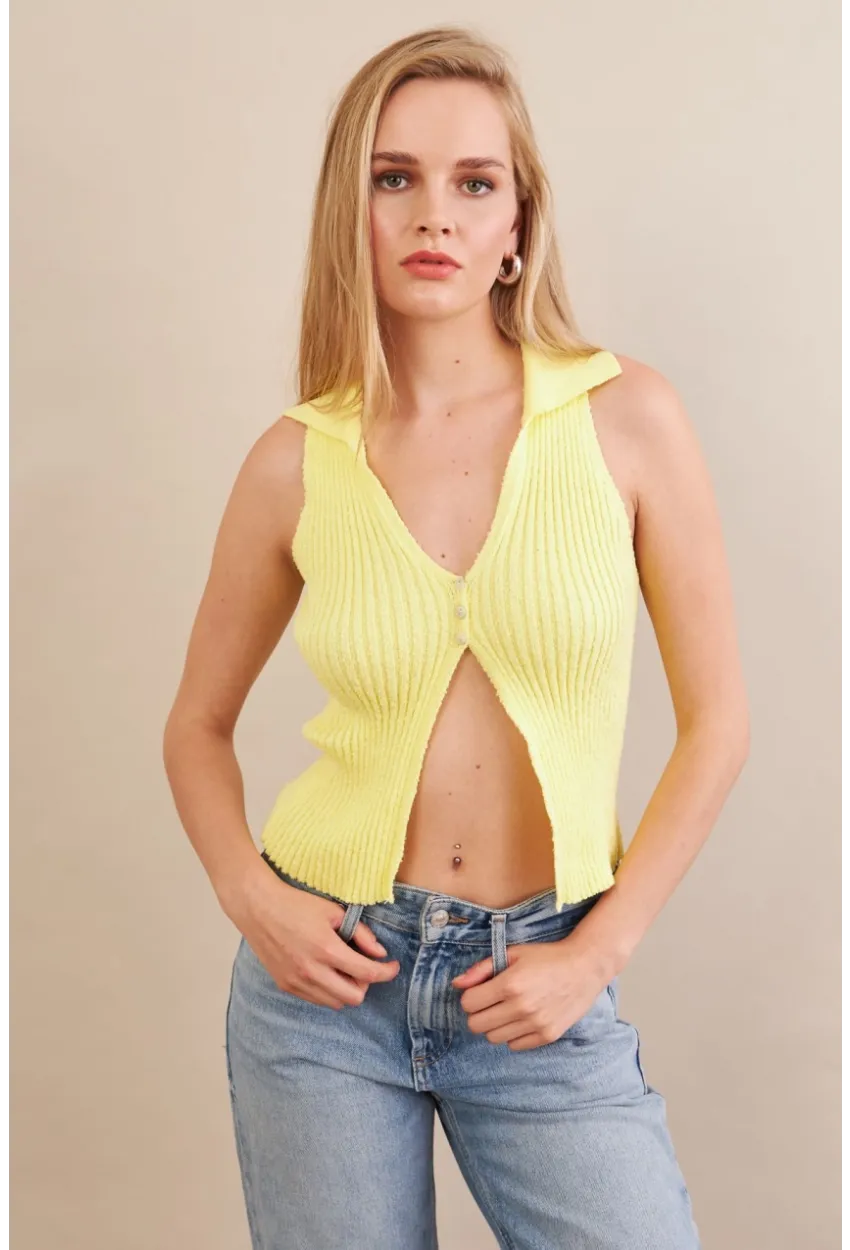 Kadın Sarı Polo Yaka Yumoş Yelek ZH050