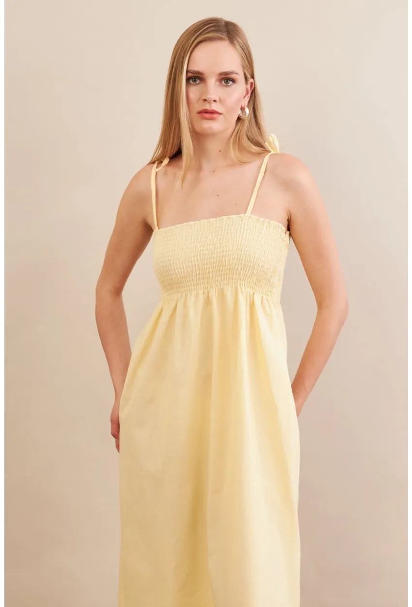 Kadın Sarı Straplez Çizgili Plaj Elbisesi