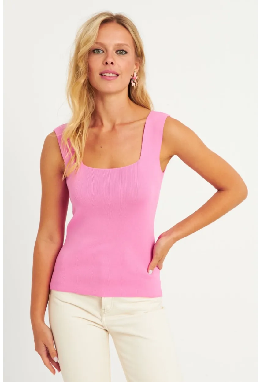 Kadın Şeker Pembe Kare Yaka Triko Bluz YV80